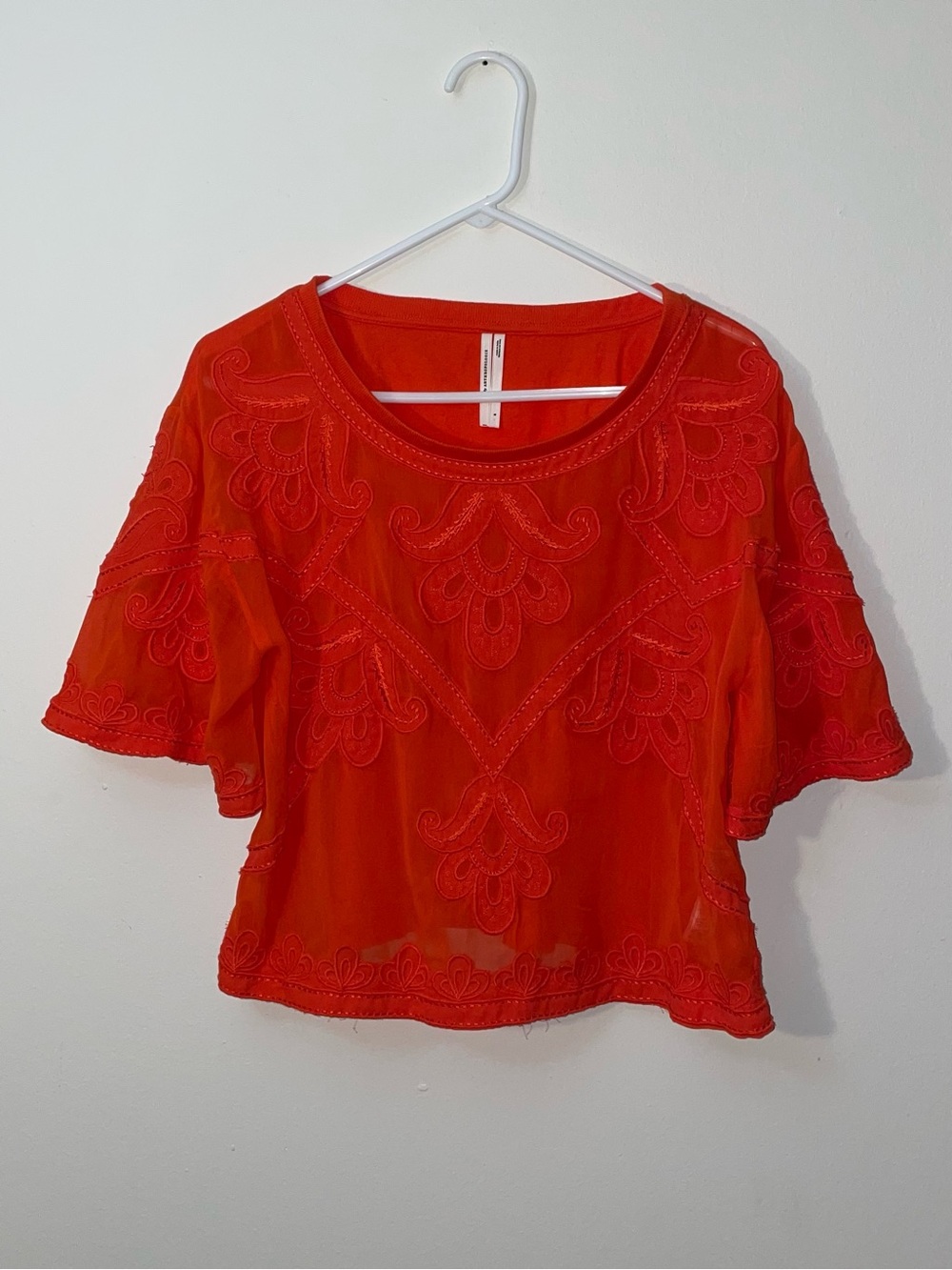 Anthropologie Women’s Rust Orange Sheer Embroidered Boxy Top - Picture 3 of 13